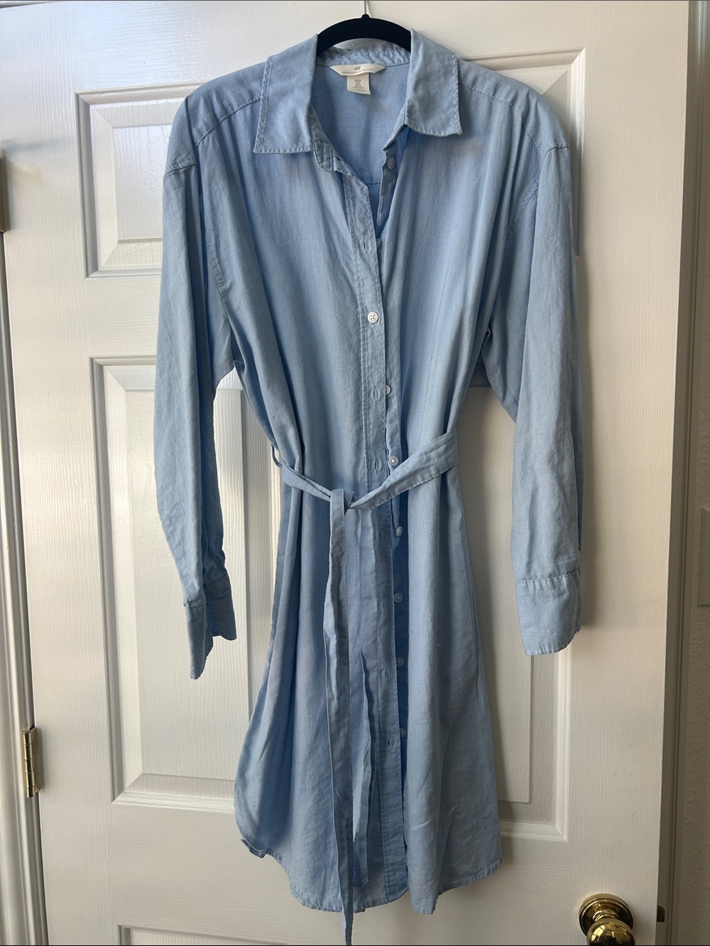 H&M Pale Blue Long-Sleeve Shirt Dress with Tie Belt